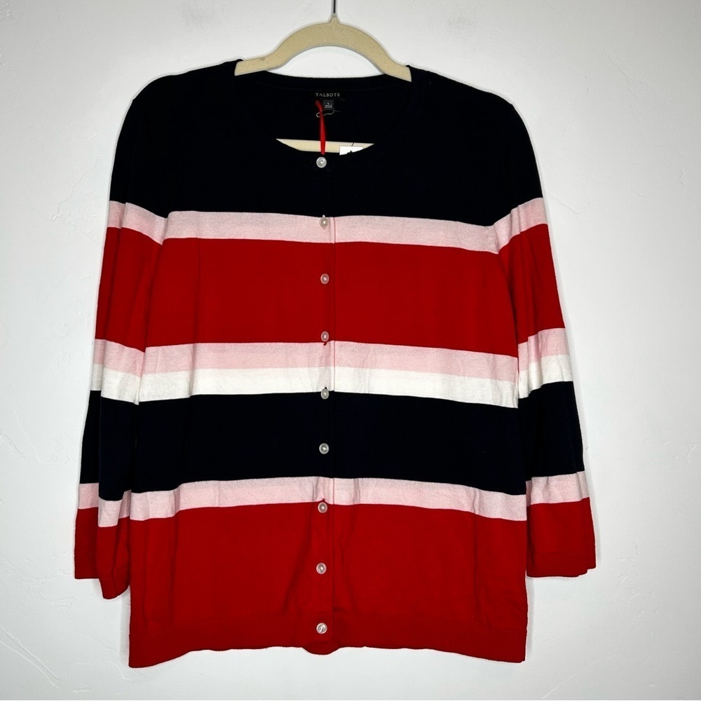 NWT Talbots Striped Cardigan Red Pink Navy White Cotton Blend Office Classic LRG